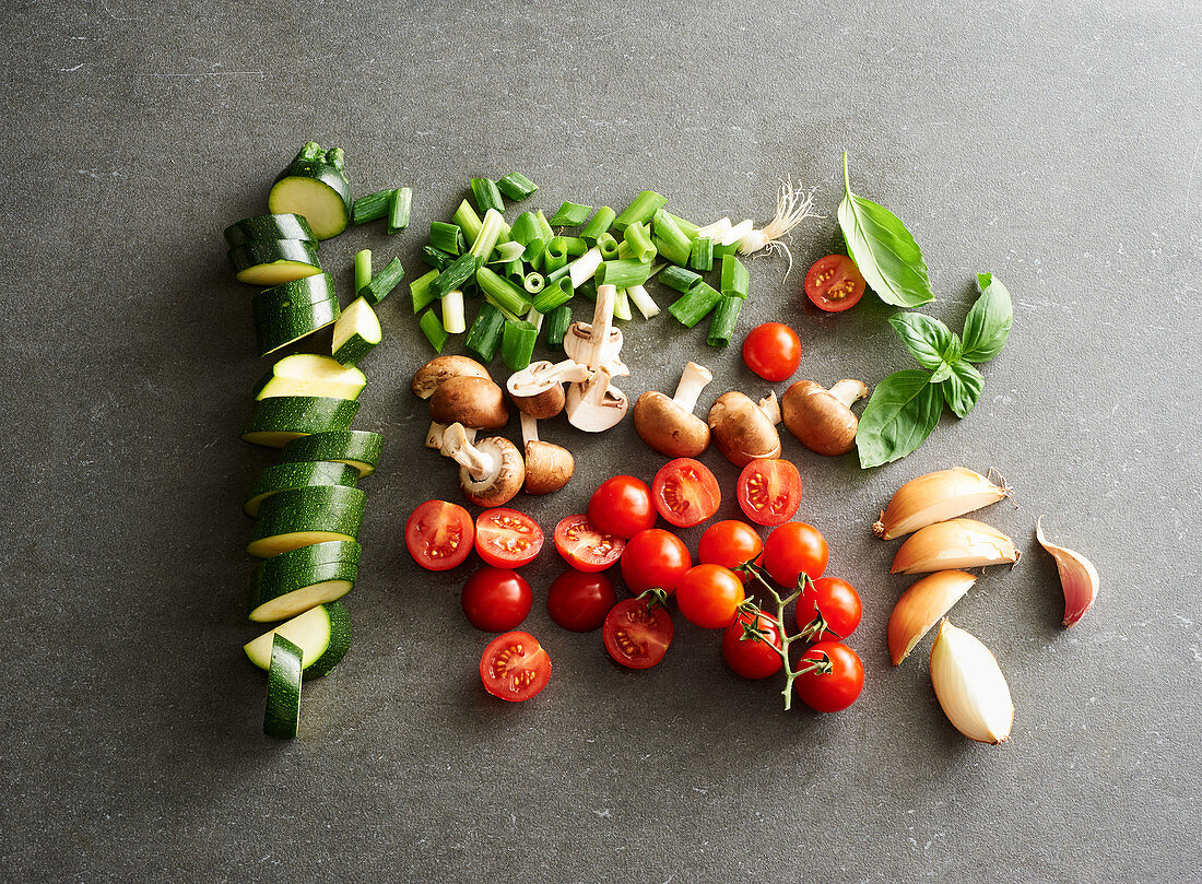 Chopped vegetables and mushrooms