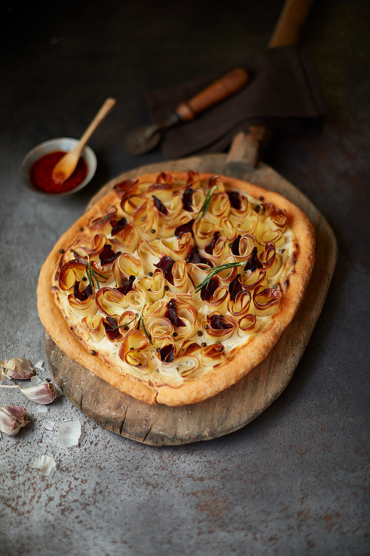 Potato pizza with garlic and onions