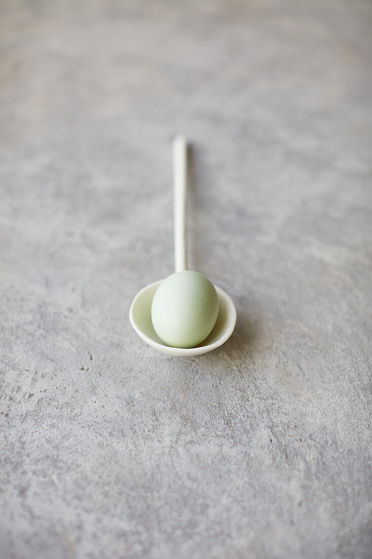 Pastel green egg on a spoon