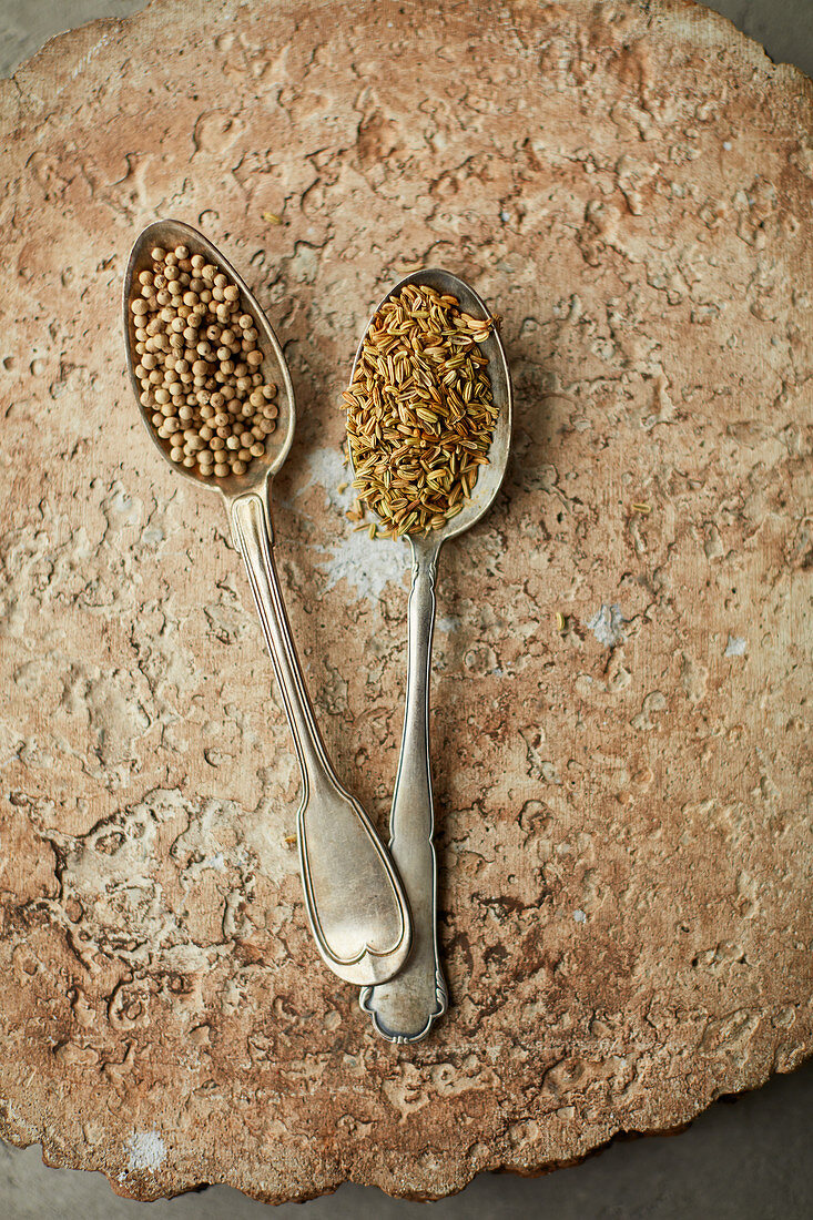 Spices on antique spoons