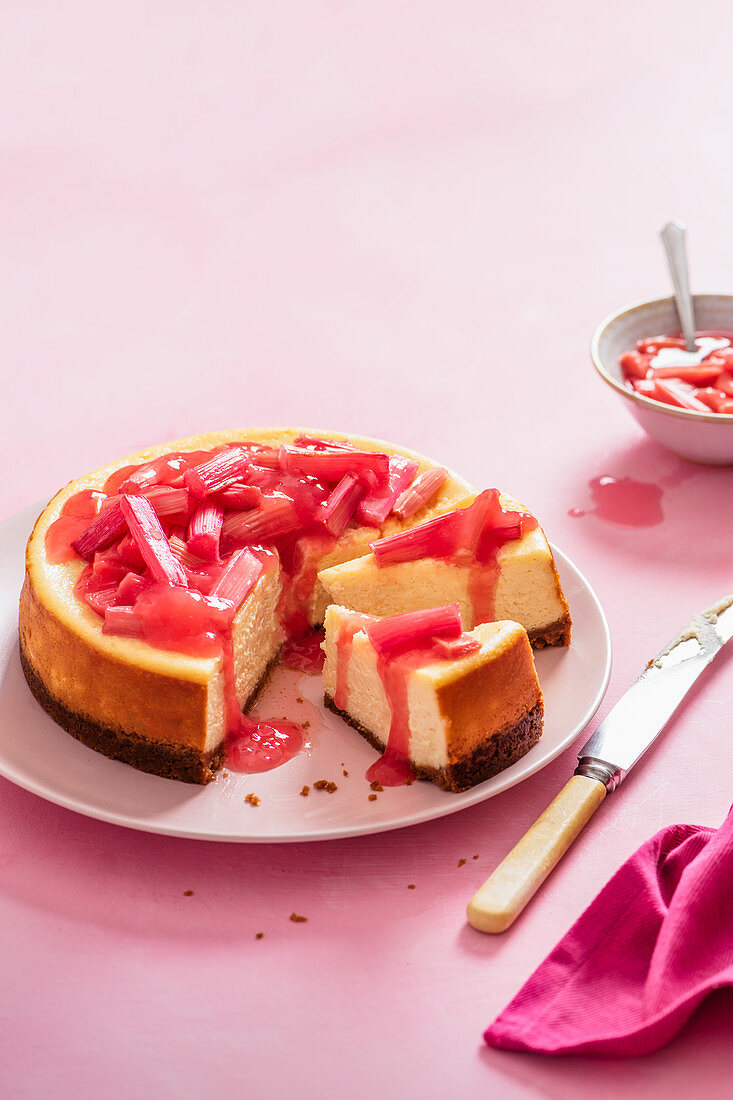 Vanilla baked cheesecake with roasted rhubarb
