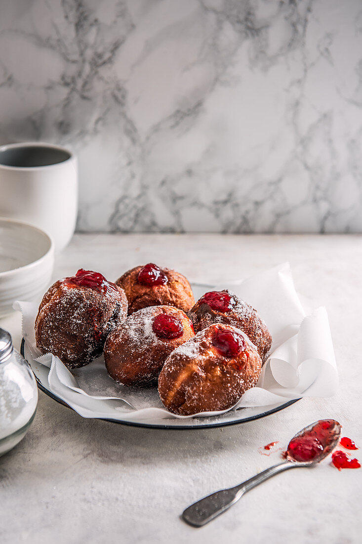 Homemade doughnuts with strawberry jam