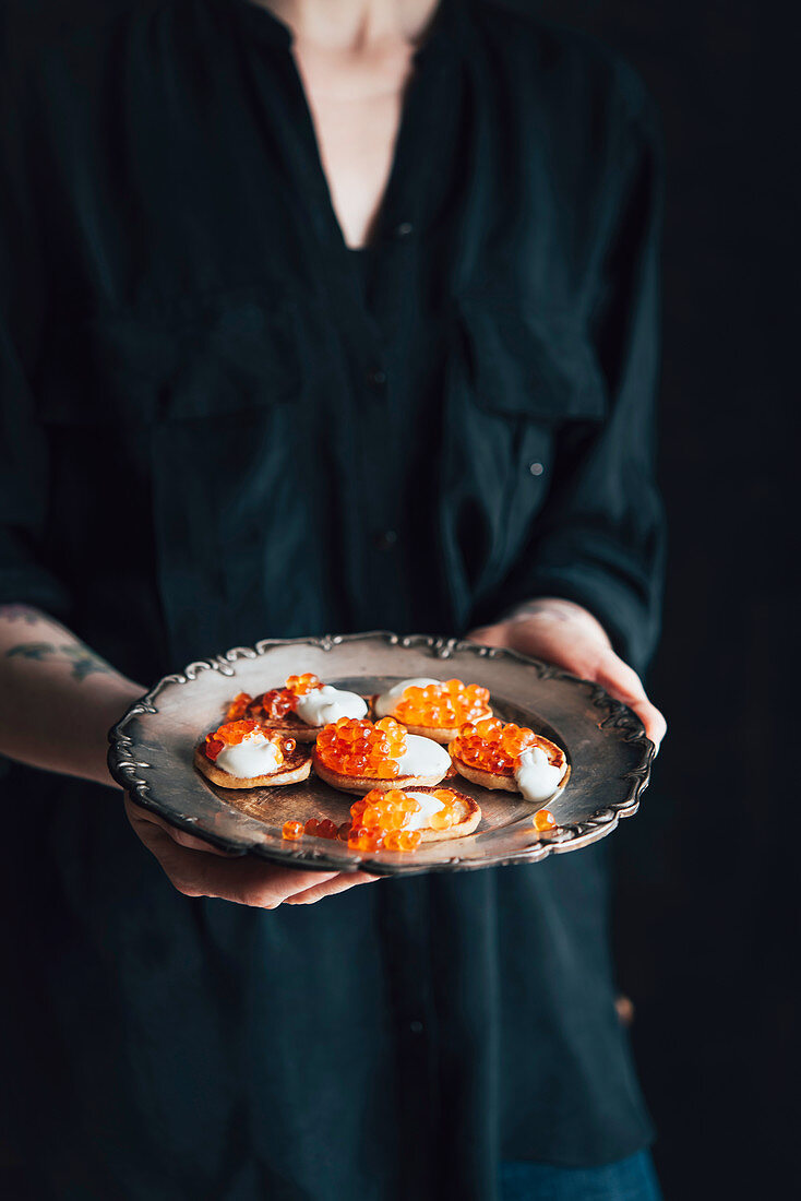 Blinis Demidoff with Sour Cream and Red Caviar