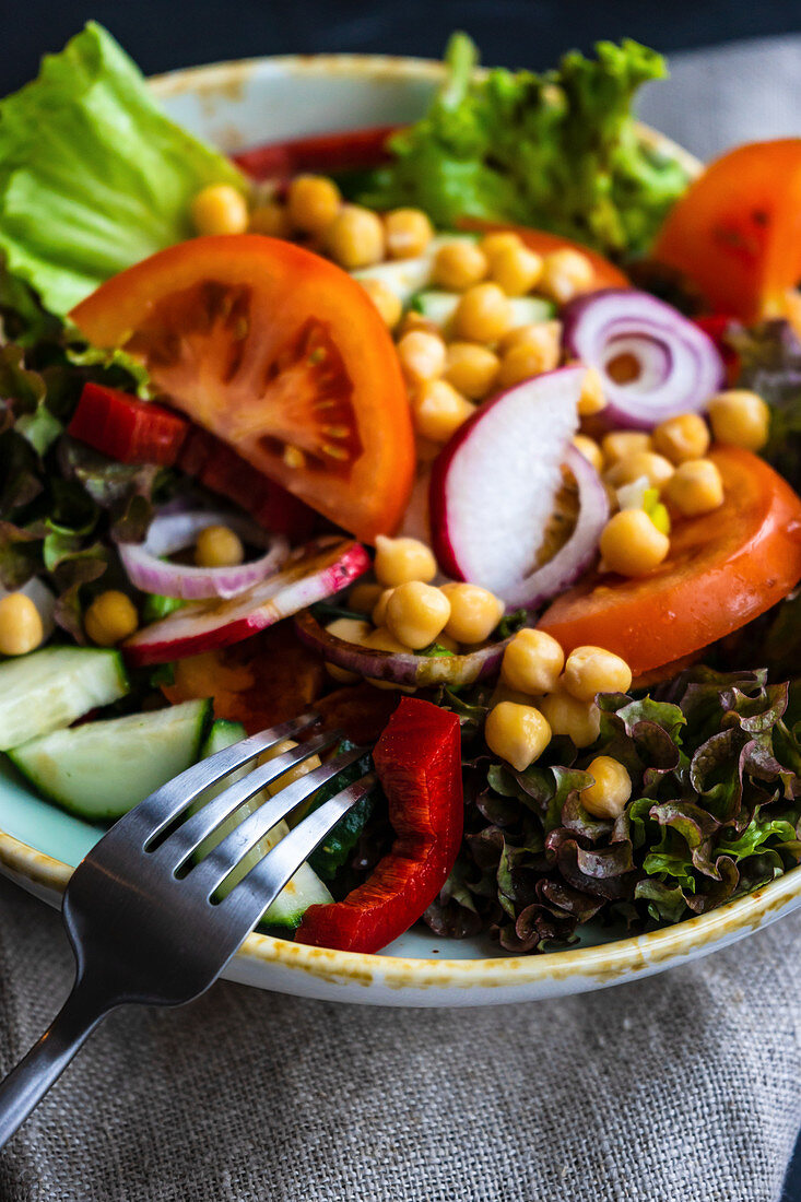 Sommerlicher Gemüsesalat mit Kichererbsen, close up