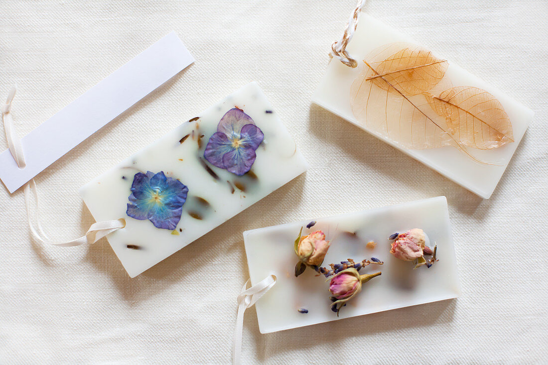 Flowers and leaves in blocks of wax