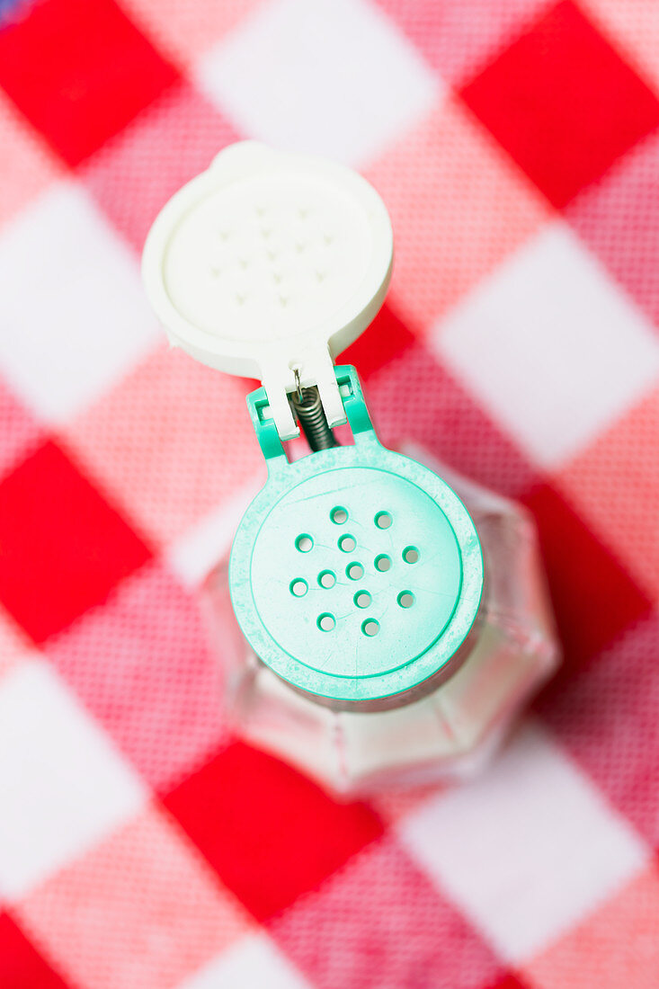 A salt shaker on a checked tablecloth