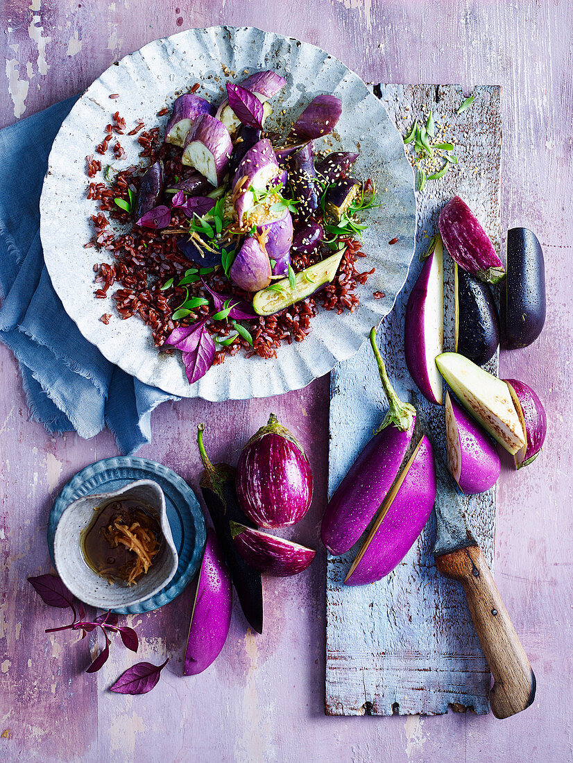 Steamed Eggplant with Red Rice and Ginger Dressing
