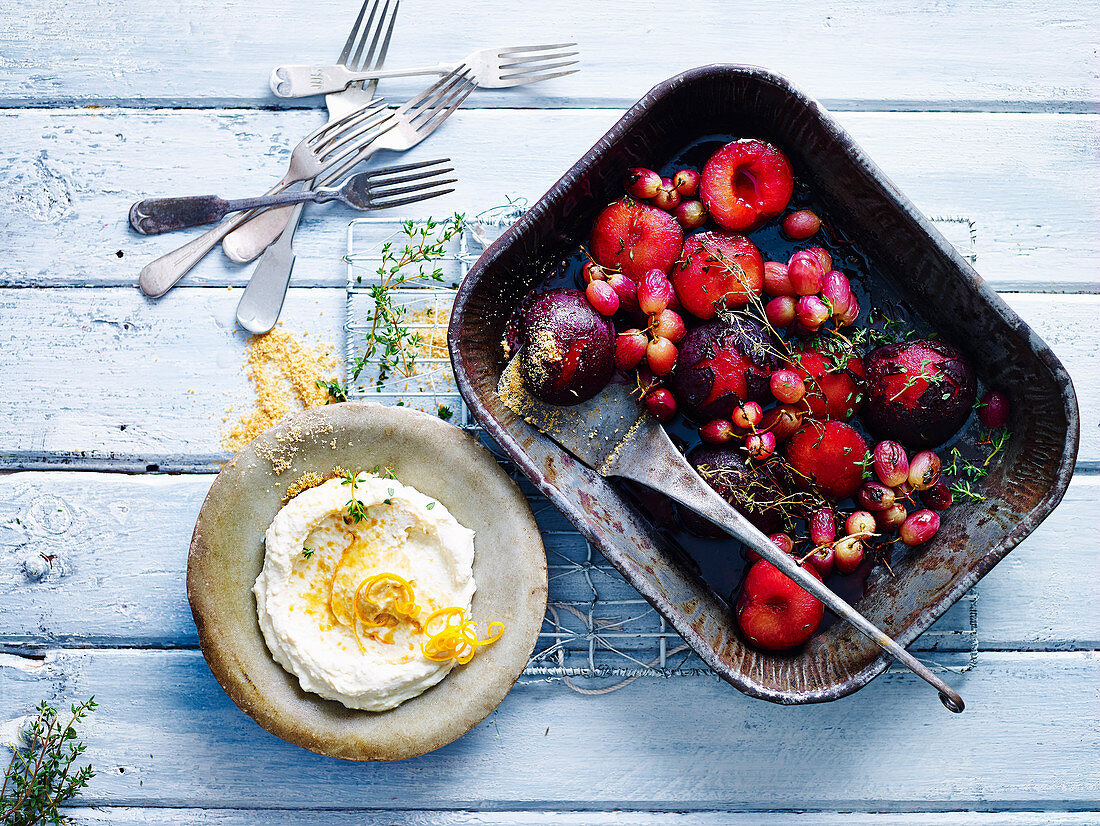 Honey Baked Plums and Grapes with Sweet Ricotta