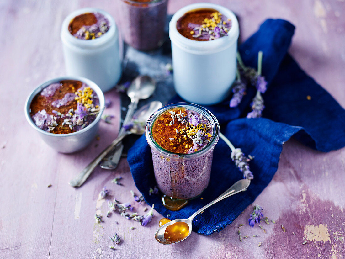 Blueberry and Lavemder Chia Puddings with Bee Pollen