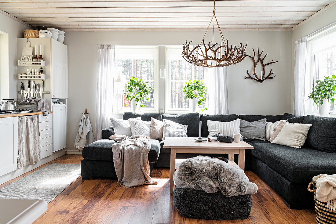 Dark sofa in interior in shades of grey with open-plan kitchen