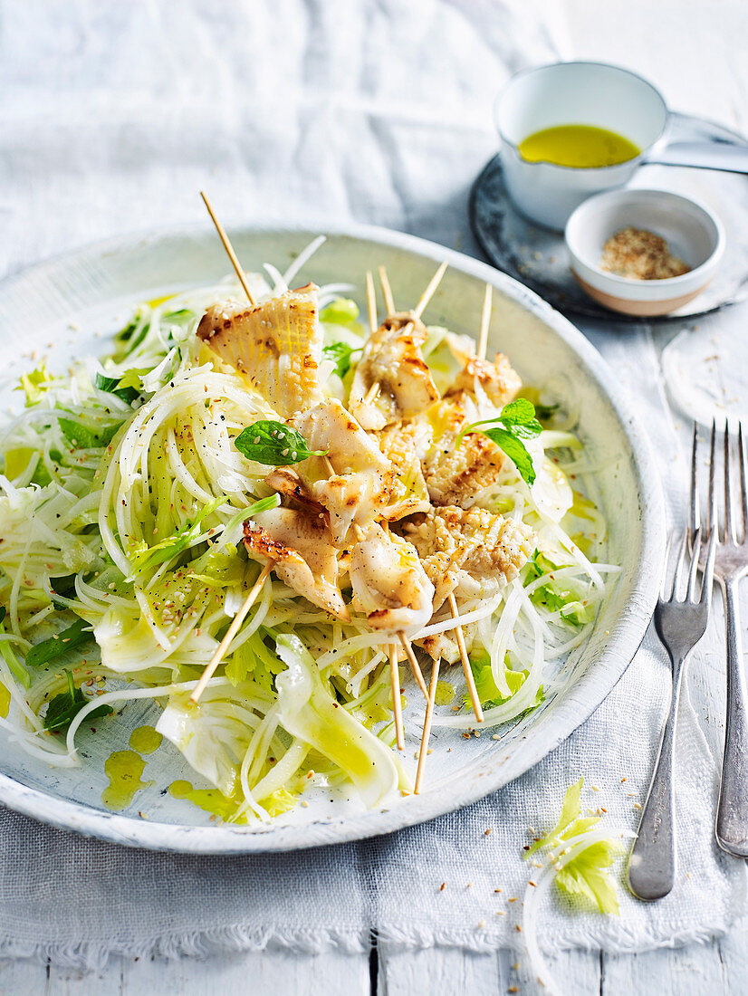 Squid Skewers with Celery, Fennel and Daikon