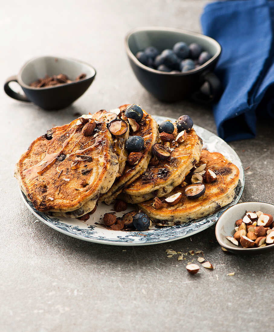 Blueberry chocolate pancakes with hazelnuts