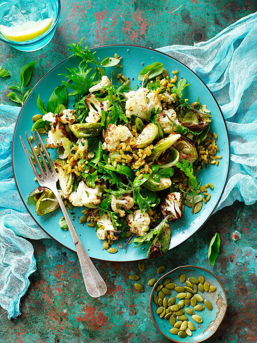 Brussel Sprouts, Cauliflower and Farro Salad