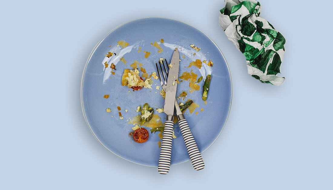 An empty plate with cutlery and a napkin