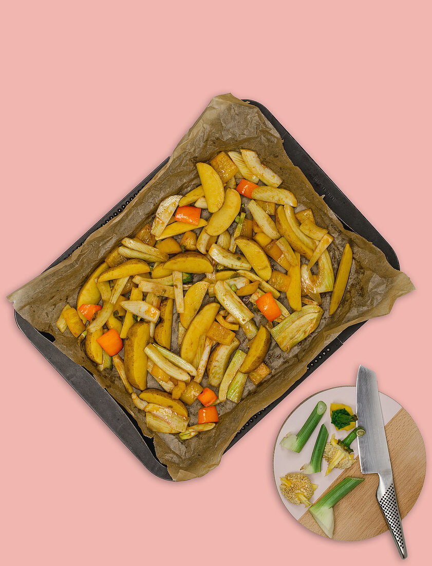 Marinated vegetables on a baking tray