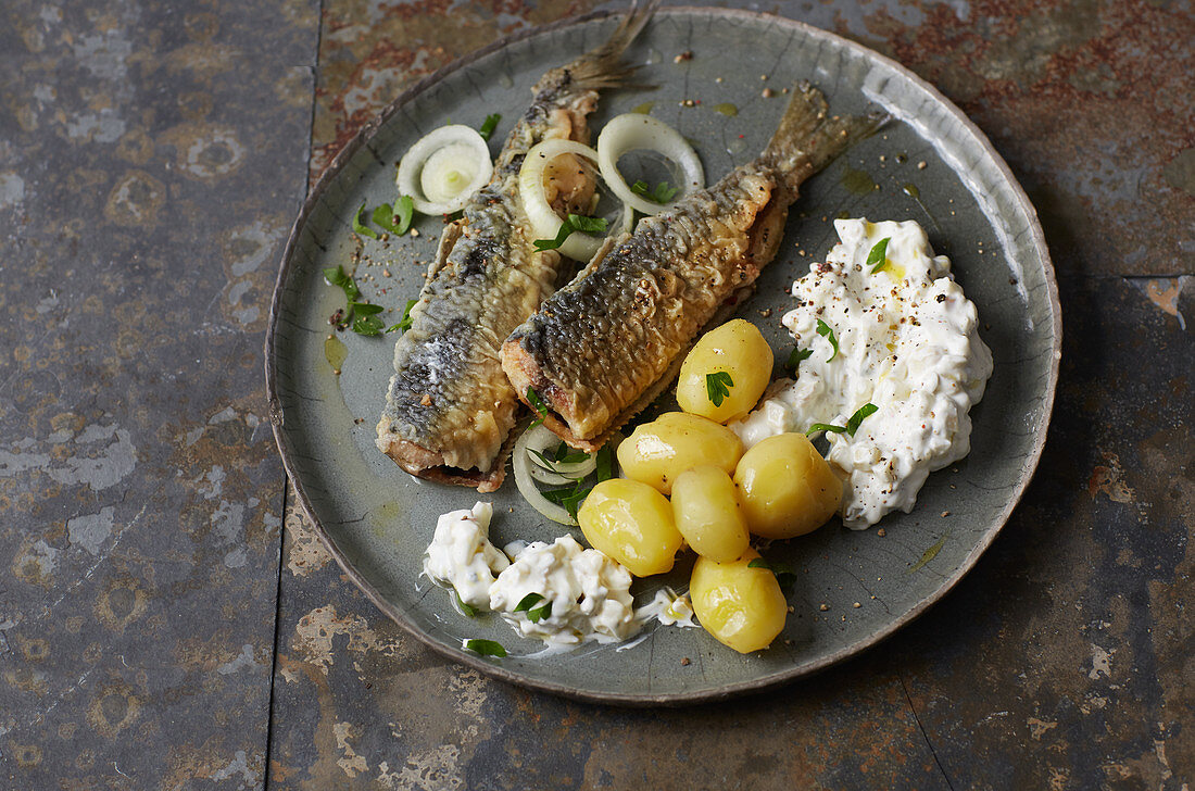 Fried herring with potatoes and quark