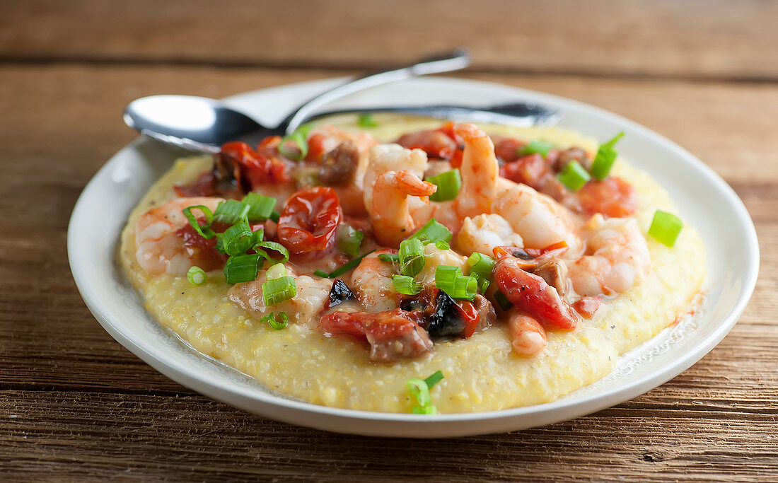 Shrimp and sausage with polenta