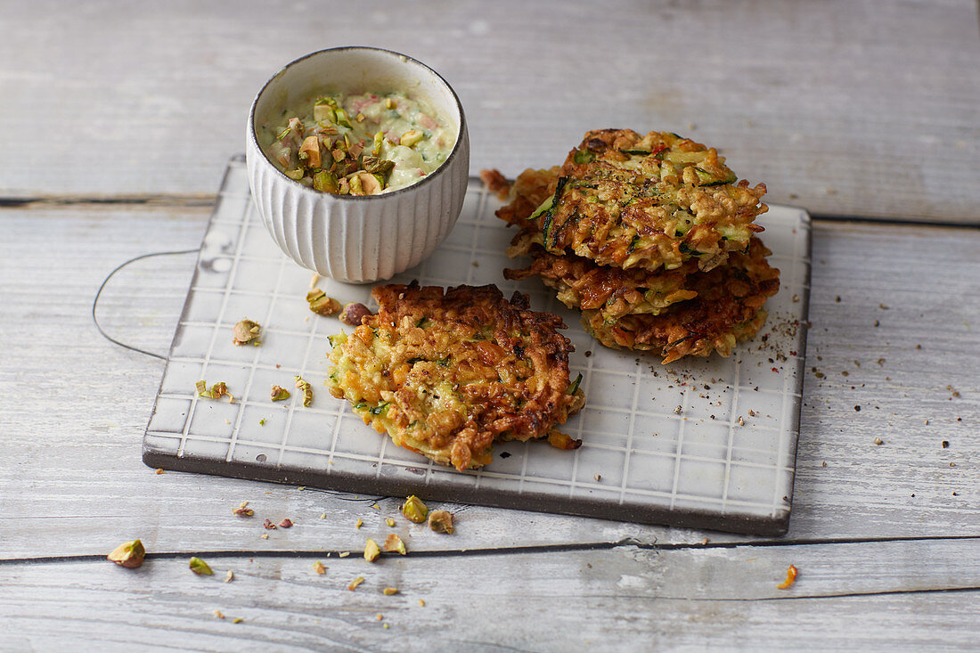 Vegetable fritters with avocado cream