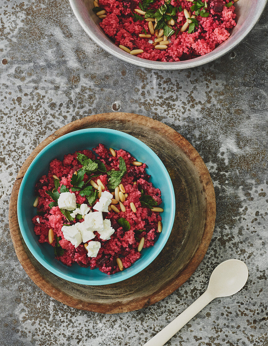 Beetroot couscous with feta cheese