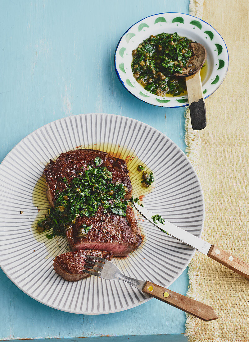 Beef steak with salsa verde