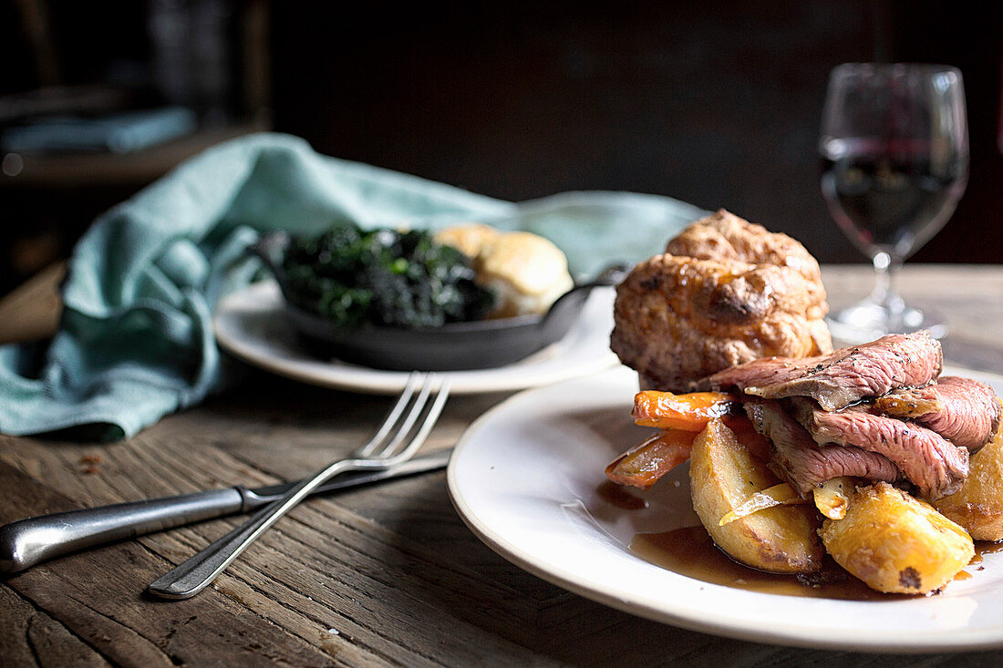 Roast beef with a Yorkshire pudding (England)