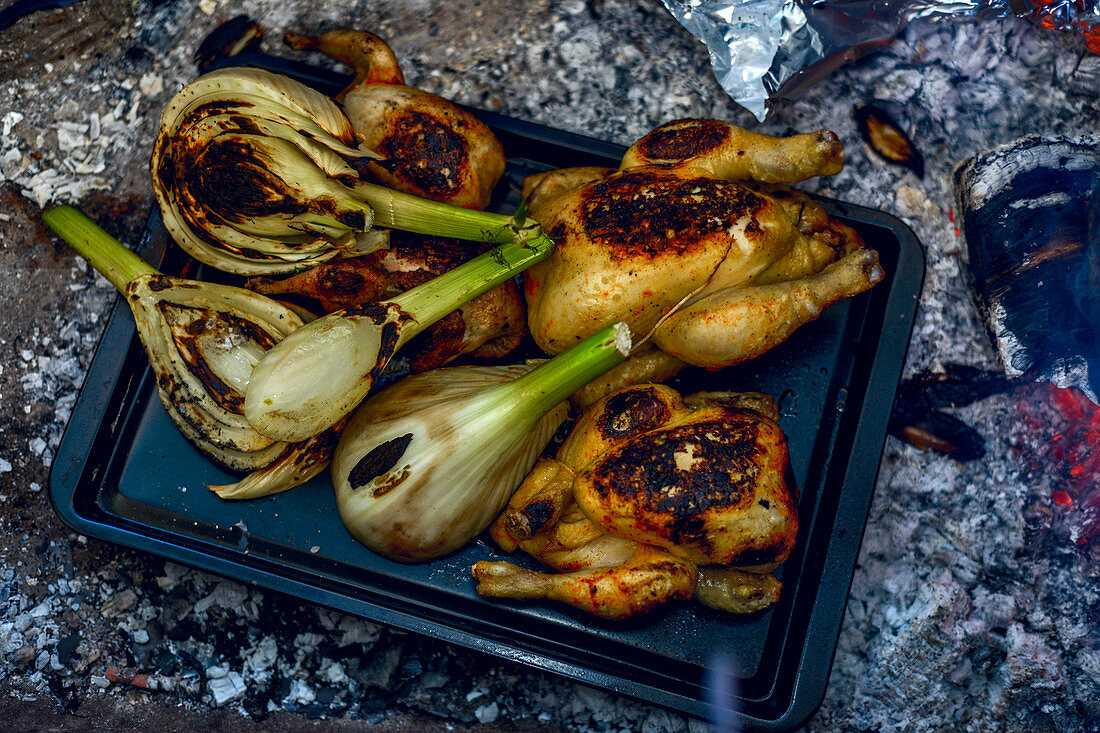 Grilled chicken and fennel on a baking sheet