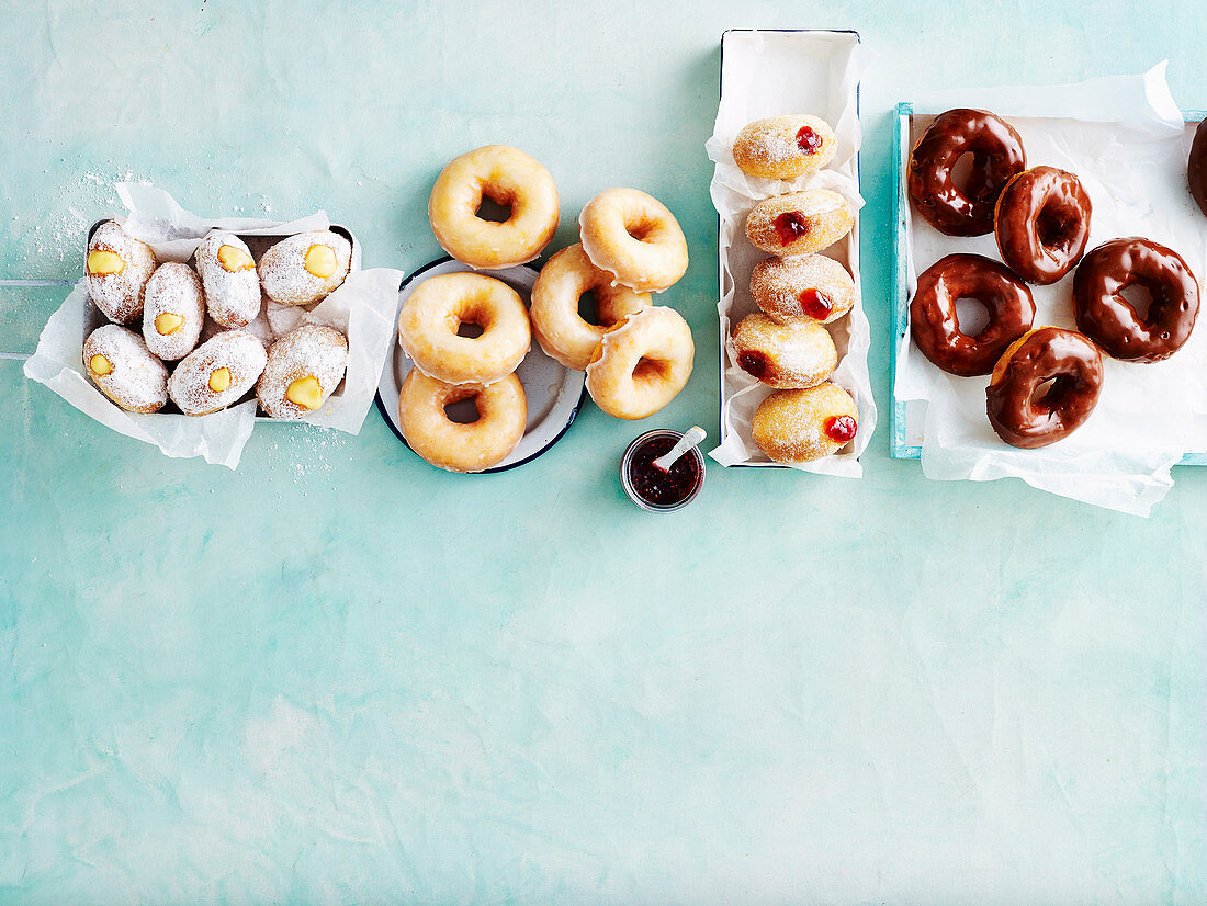 Four Ways with Doughnuts - Custard Filled, Lemon-Glazed, Jam-Filled , Chocolate Glazed