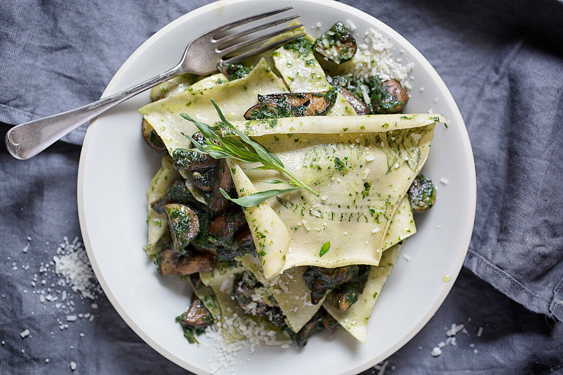 Handmade pasta with mushrooms on a grey linen cloth