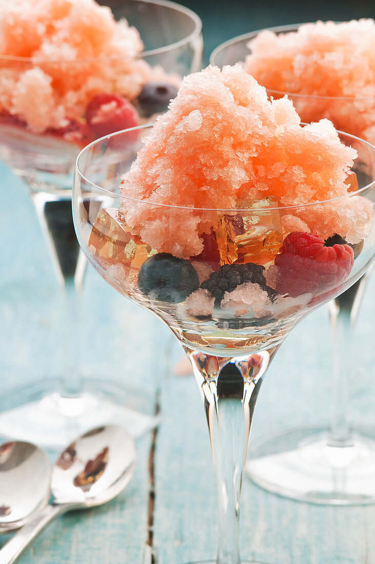 Prosecco jelly with Aperol spritz granita