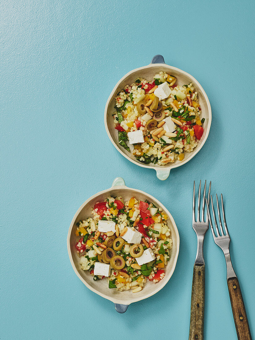 Colourful bulgur salad with feta cheese