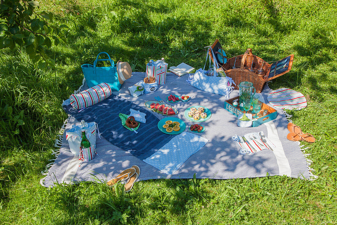 Picknickdecke mit selbst genähten Accessoires und Snackes