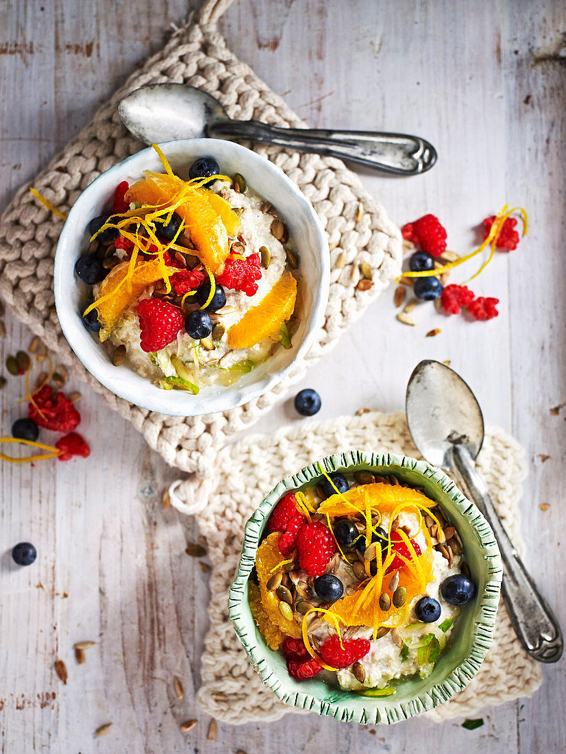 Quinoa and Pear Bircher Muesli with Coconut Fruit Salad