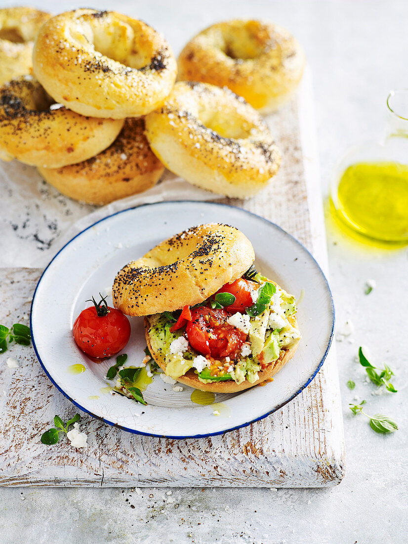 Poppy Seed Bagels with vegetable and feta