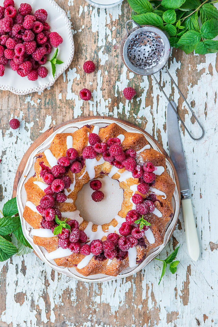 Wreath cake with raspberries (top view)