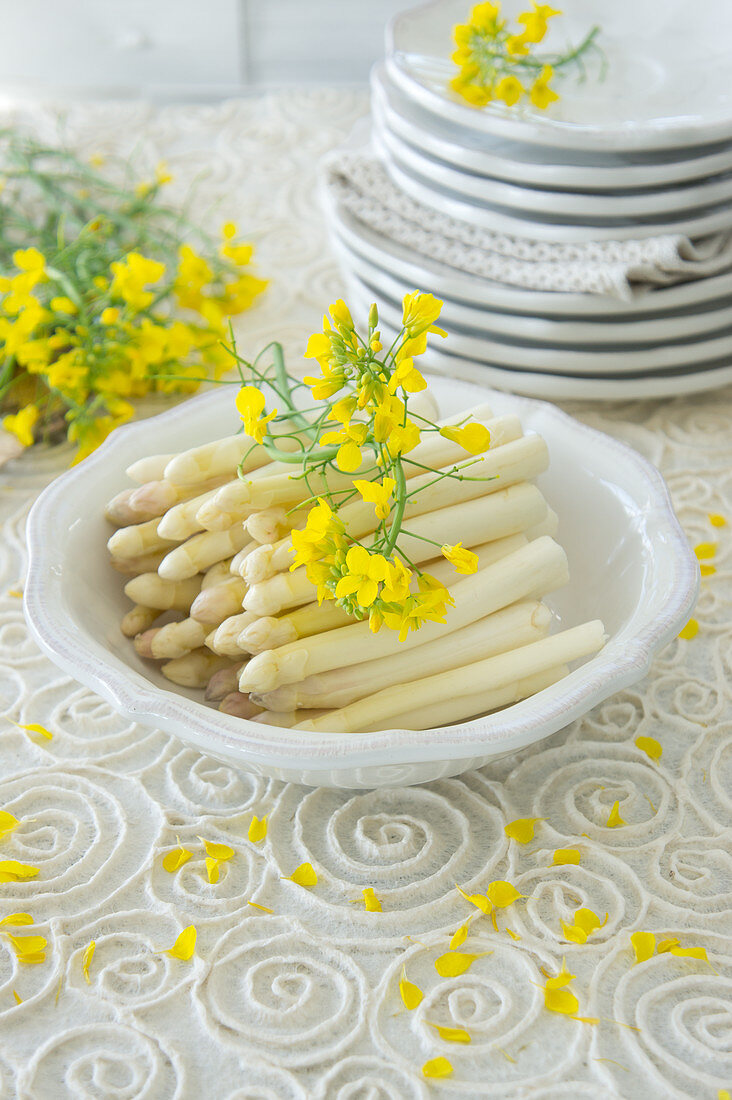 Weisser Spargel mit Rapsblüten