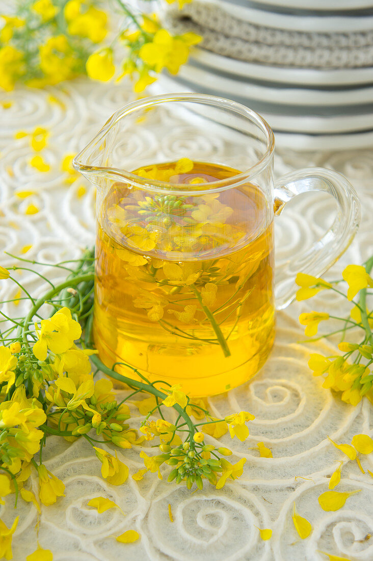 Rape seed oil with rape seed flowers