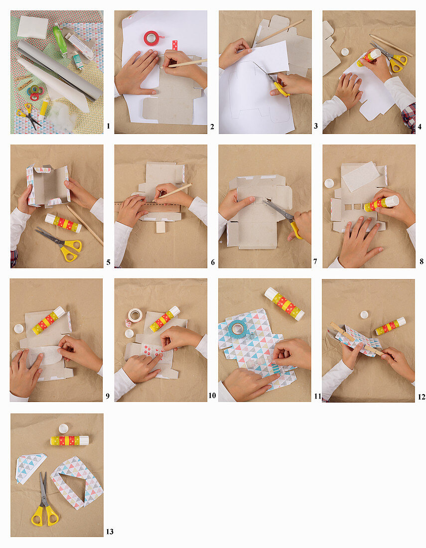 Instructions for making a house ornament from card and coloured paper