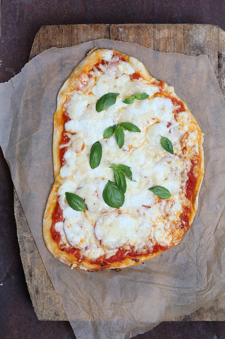 Mozzarella and tomato pizza with basil