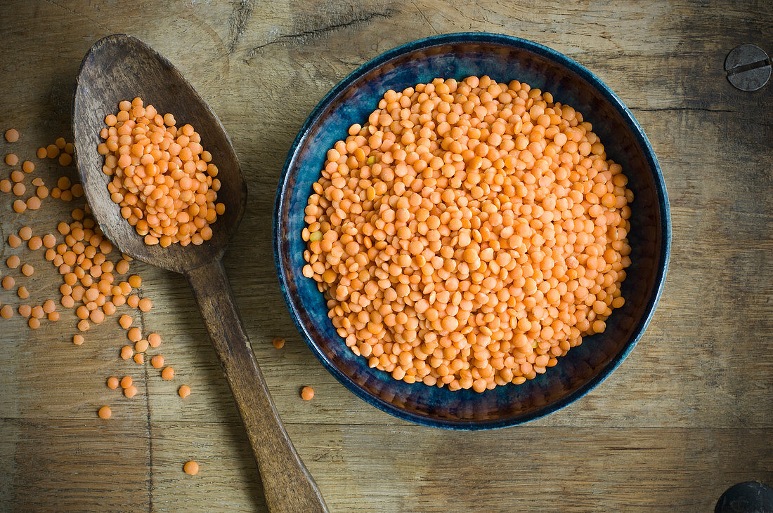 Red lentils in a bowl and on a spoon