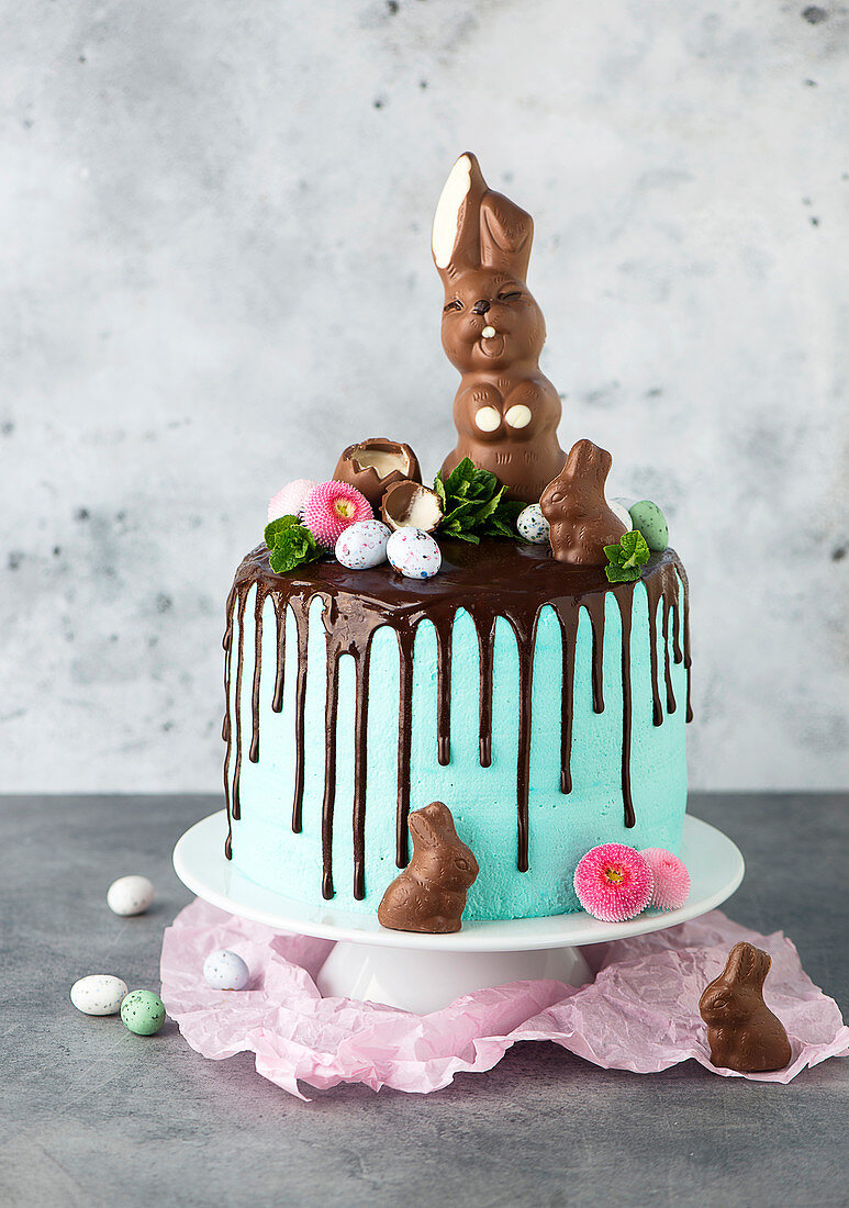 An Easter cake decorated with a chocolate bunny