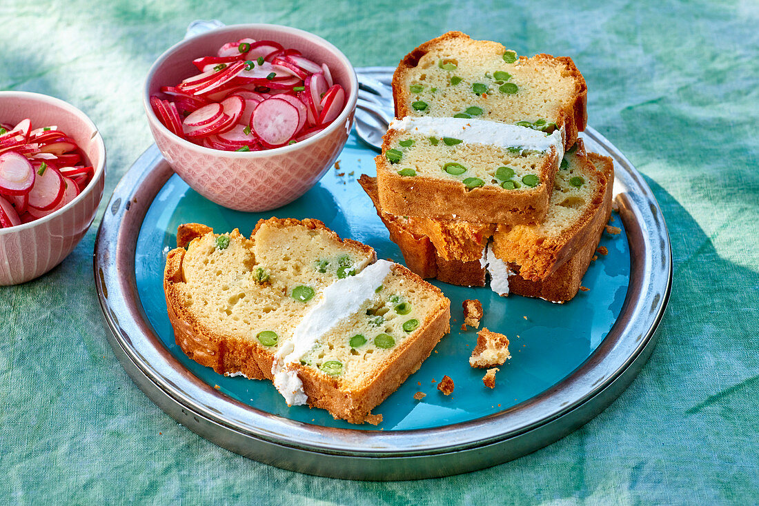 Spicy pea cake with a cream cheese filling and a radish salad