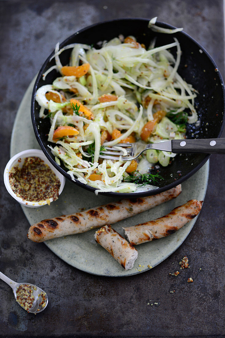 Turkey sausage with a fennel and apricot salad