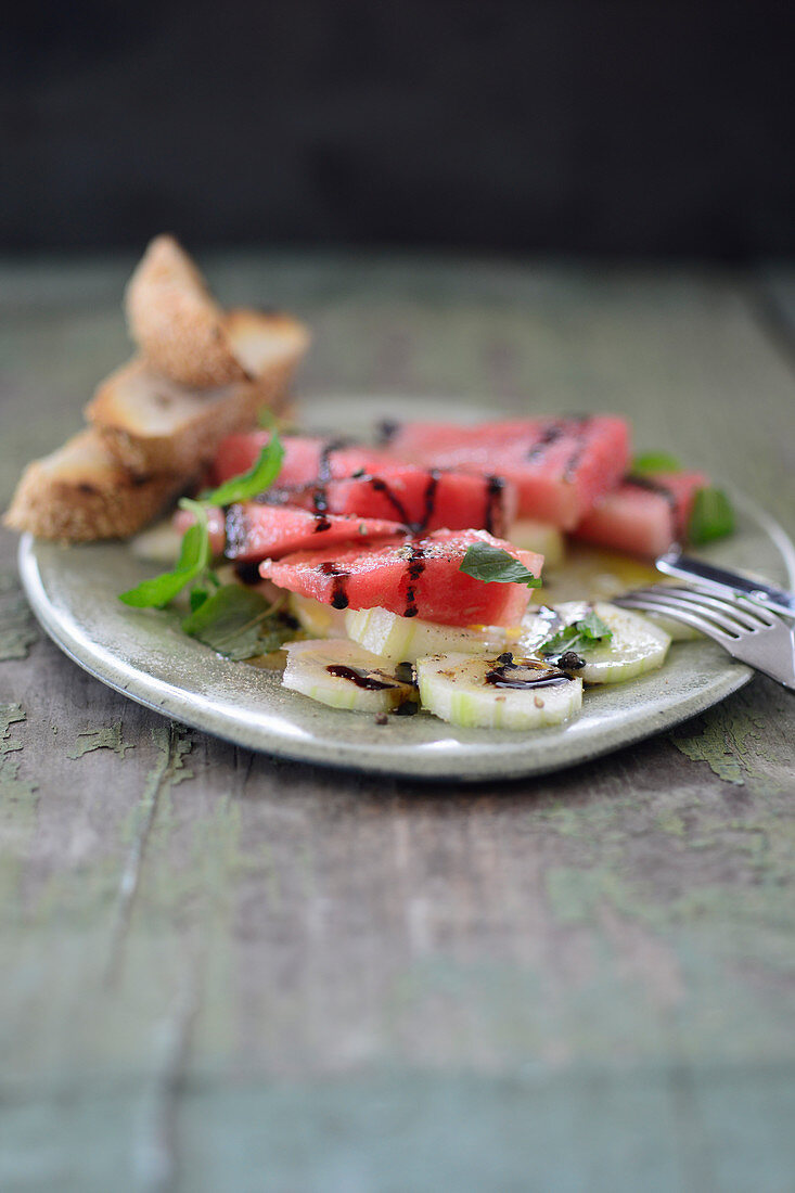 Watermelon salad with balsamic cream