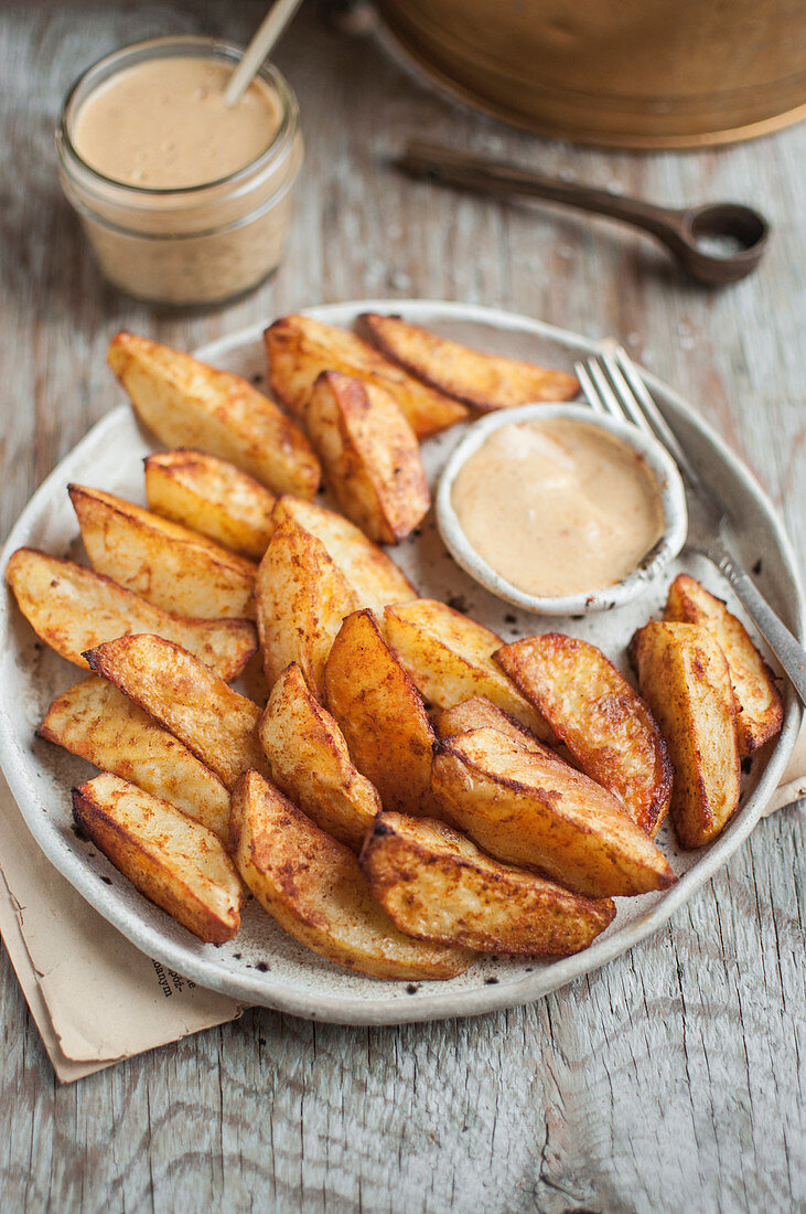 Baked potato wedges with vegan cheese sauce