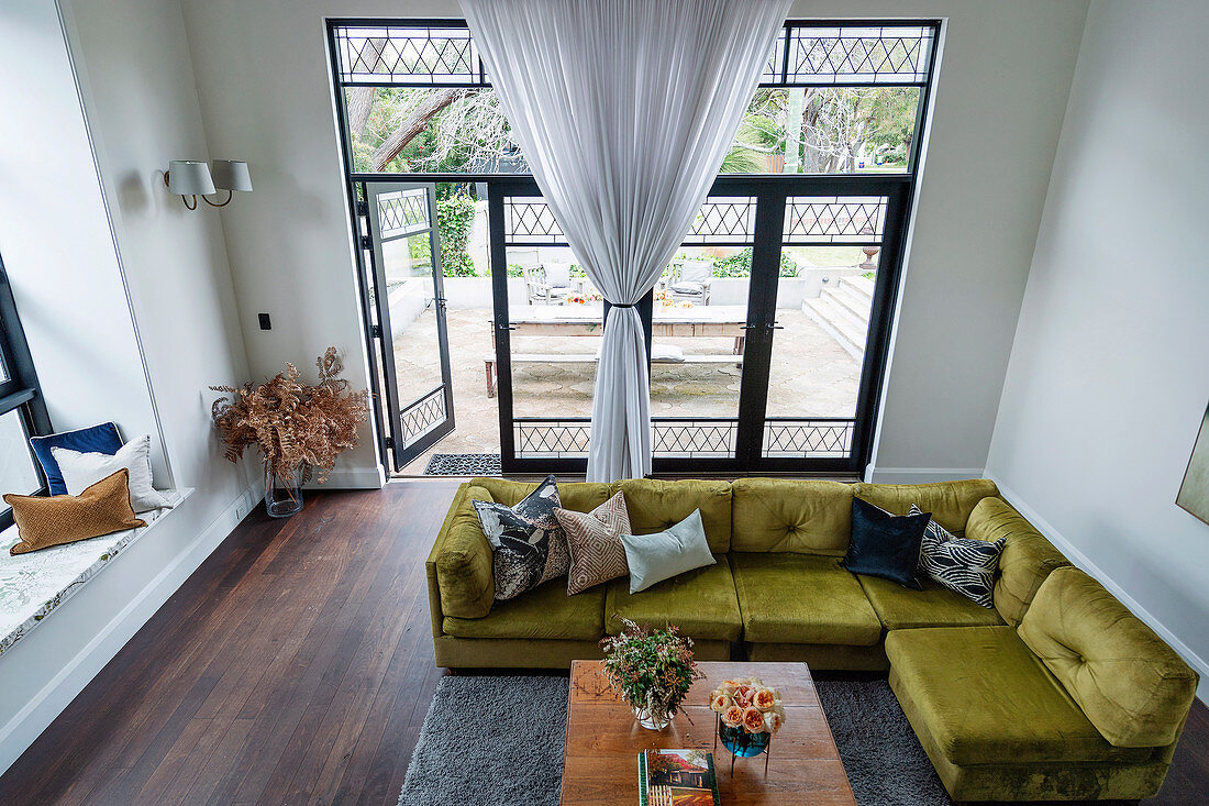 Top view of green sofa set and coffee table