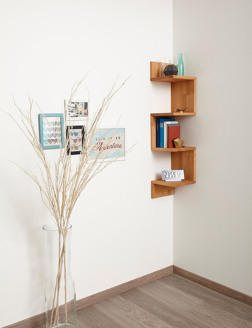 Handmade, wooden, zigzag corner shelves