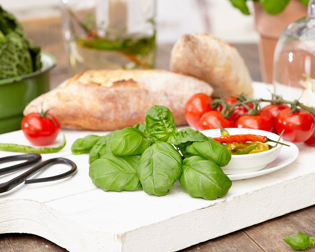 Basil, chillis, tomatoes and ciabatta