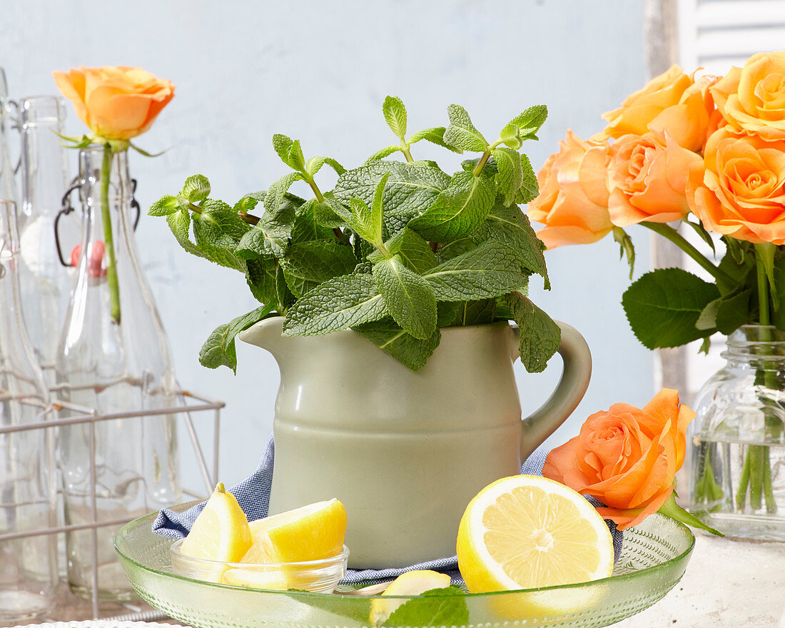 Mini in a jug with lemons and roses