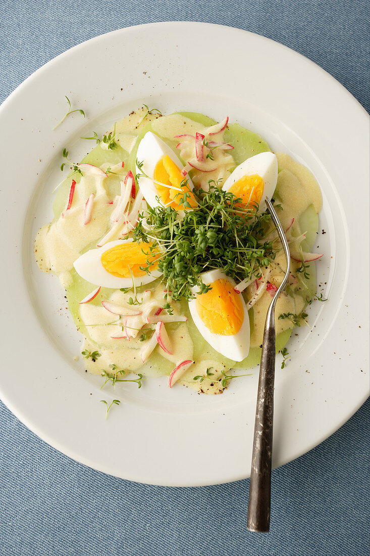 Kohlrabi-Carpaccio mit Radieschen, Ei und Kresse