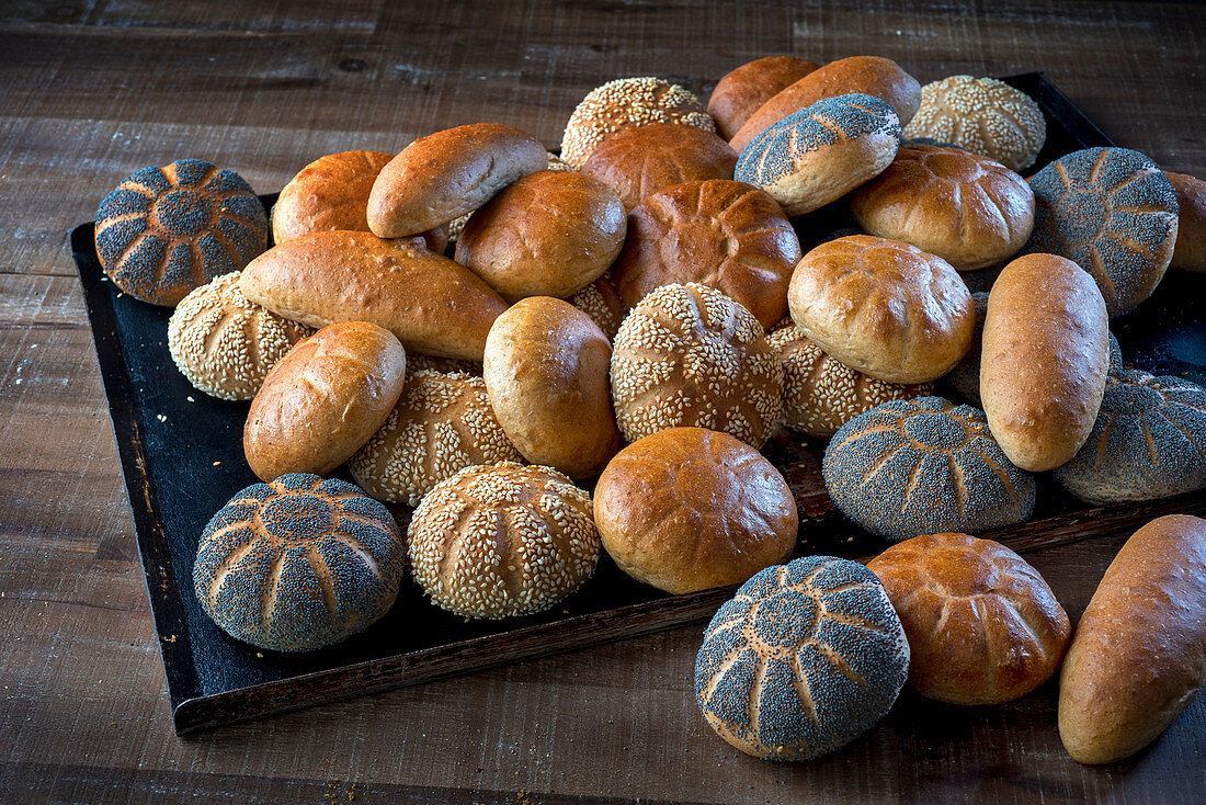 Verschiedene Brötchen, teils mit Sesam oder Mohn, auf Backblech